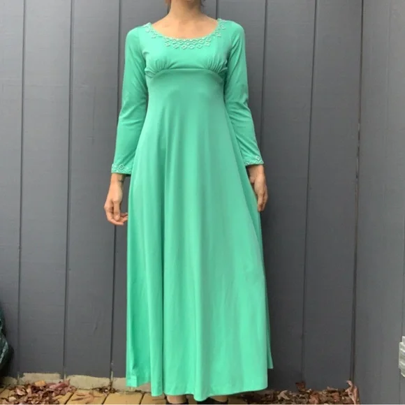 Vintage | Dresses | Vintage Green Beaded Maxi Dress And Vest Sz 2 | Poshmark